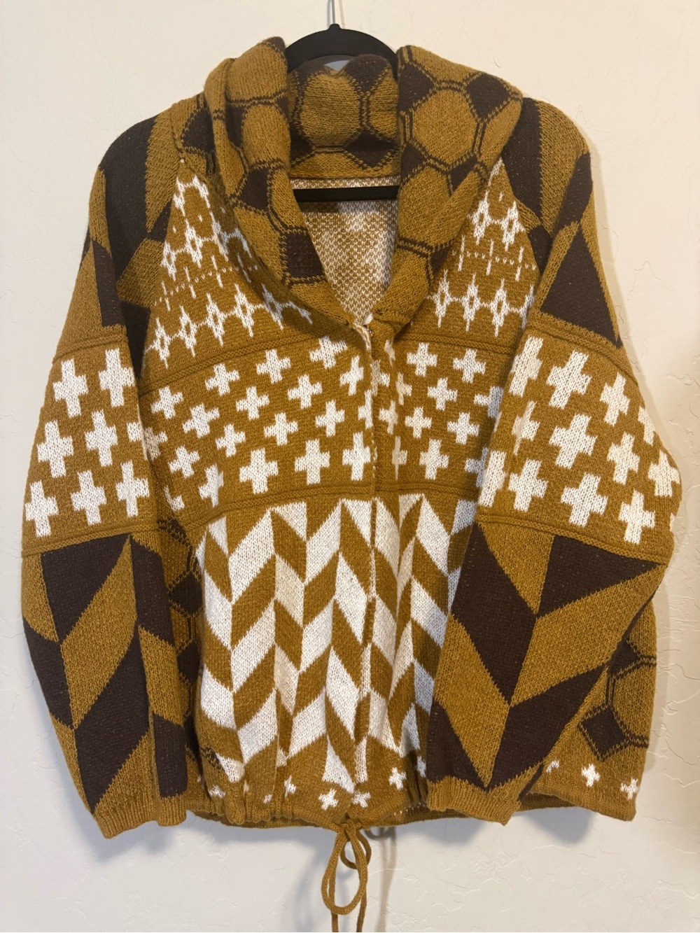 Mustard Brown Patterned Hooded Women's Sweater